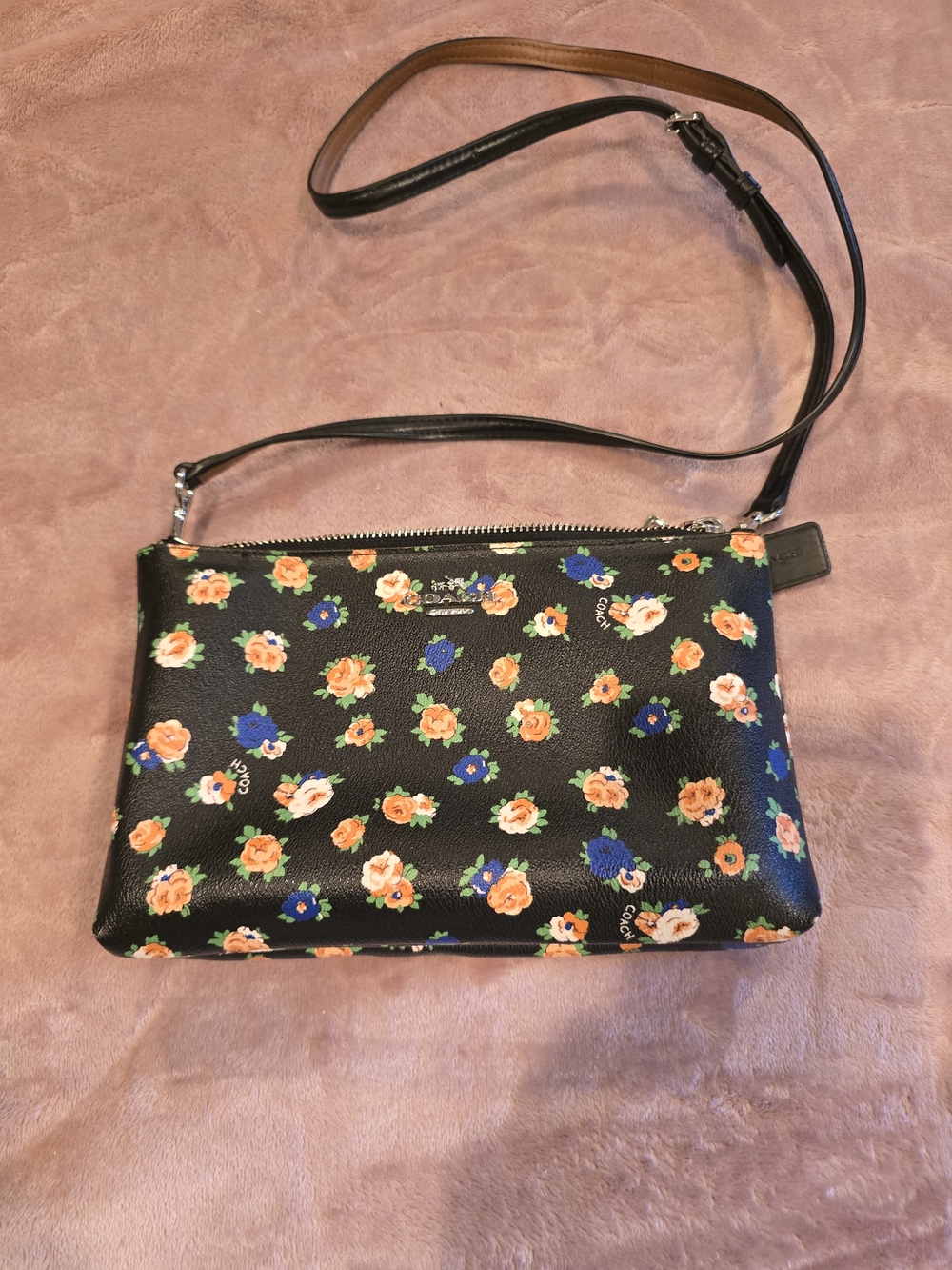 Coach Black Floral Crossbody Bag with Orange and Blue Accents